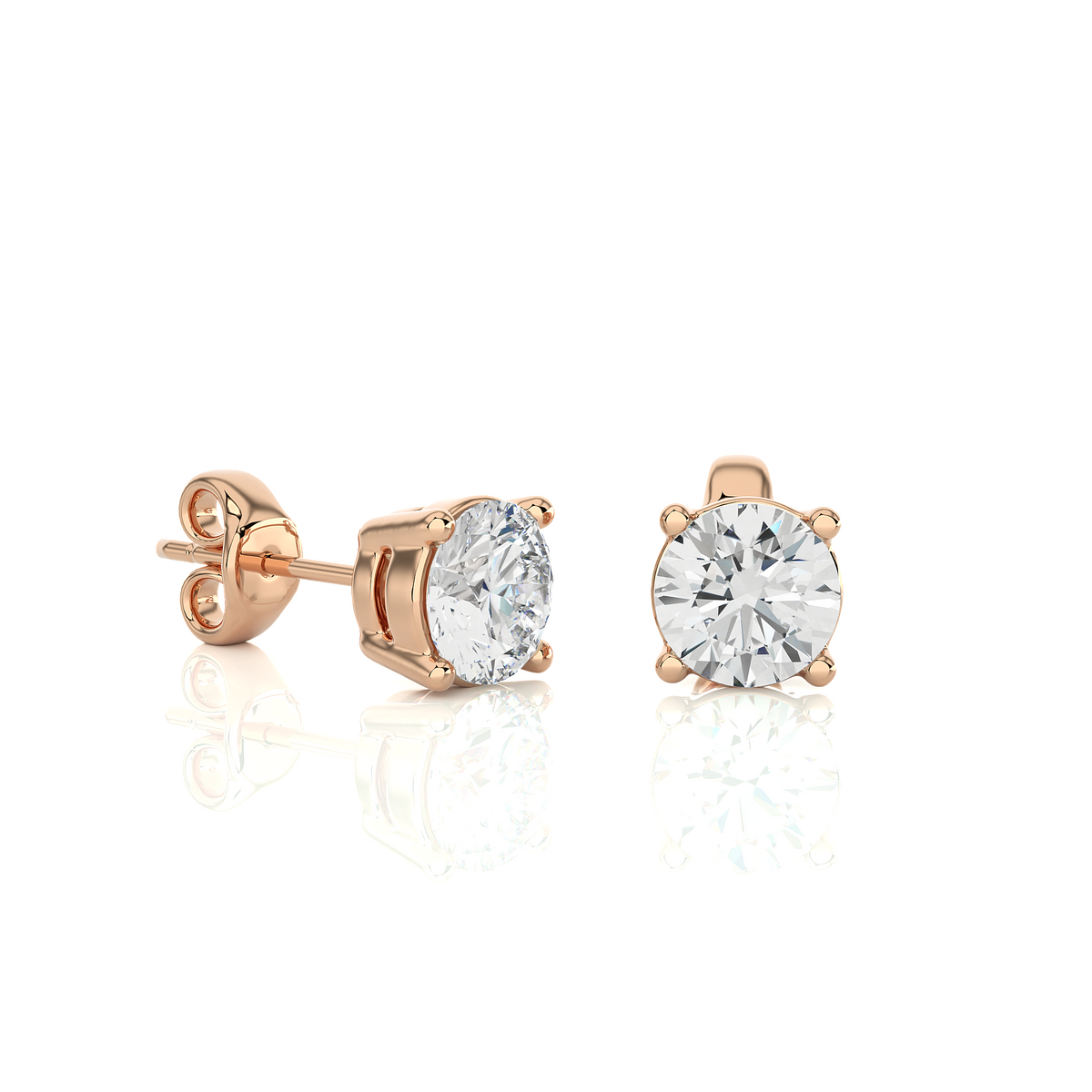 Side view of 1 carat four prong round cut moissanite stud earrings in rose gold, highlighting prong height and earring profile