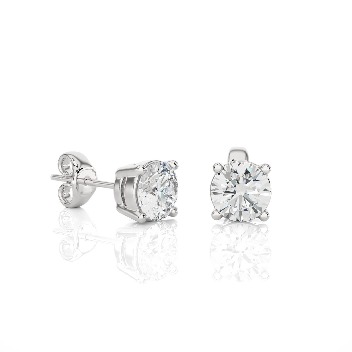 Side view of 1 carat four prong round cut moissanite stud earrings in white gold, highlighting prong height and earring profile