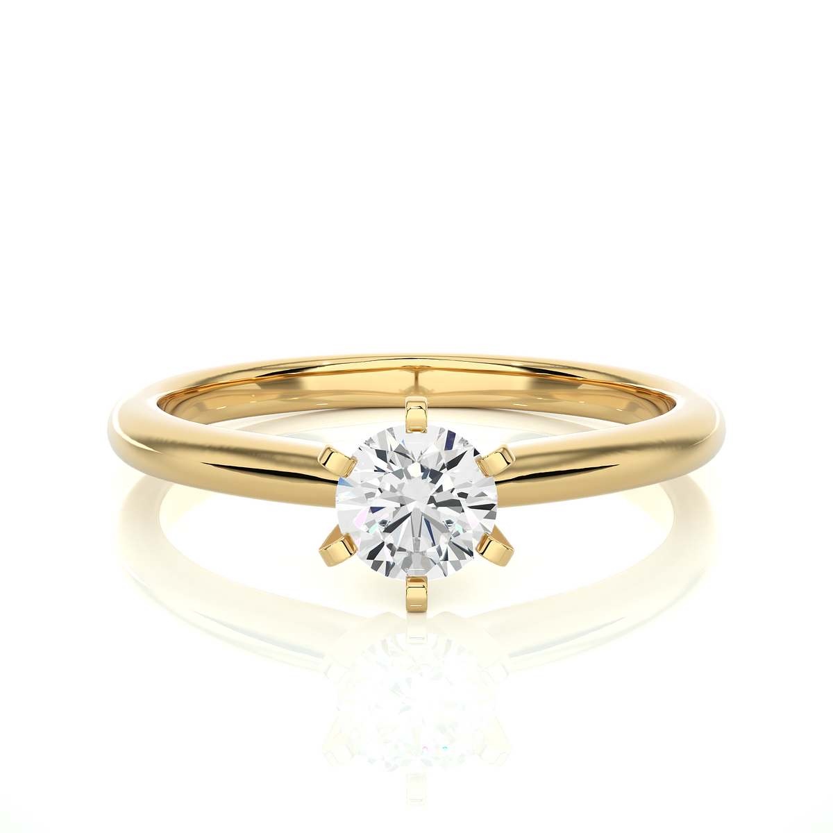 front view of 1 carat round cut solitaire moissanite ring in yellow gold highlights the brilliant center moissanite stone