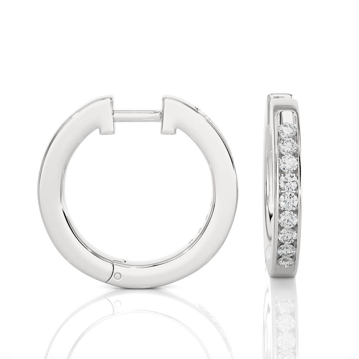 Side profile of 1 carat round moissanite channel set hoop earrings in silver, highlighting the slim, elegant design