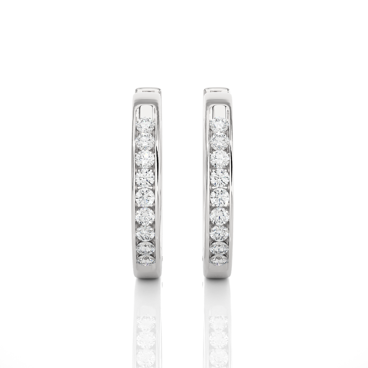 Front view of 1 carat round moissanite channel set hoop earrings in white gold, shown from the front for full sparkle