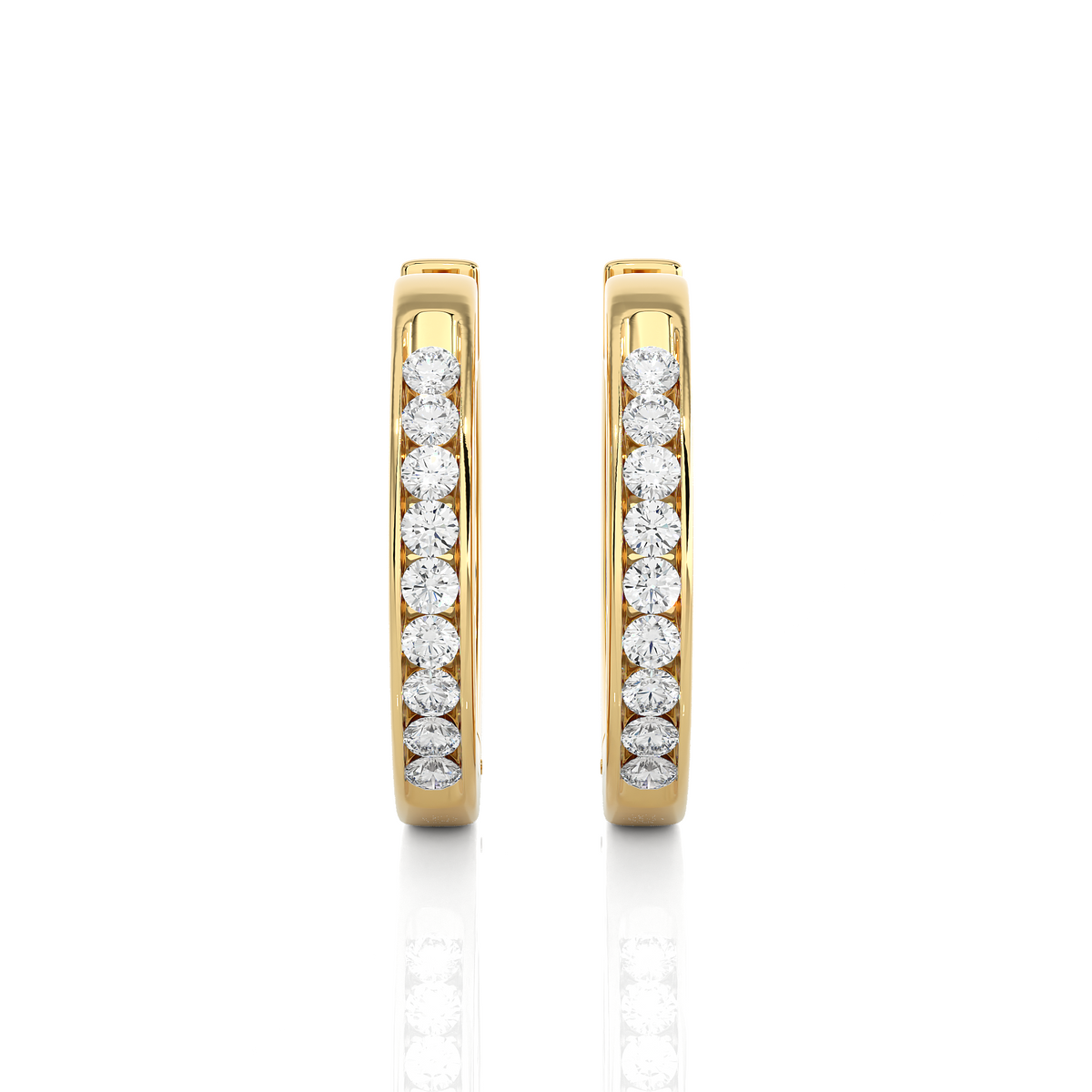Front view of 1 carat round moissanite channel set hoop earrings in yellow gold, shown from the front for full sparkle