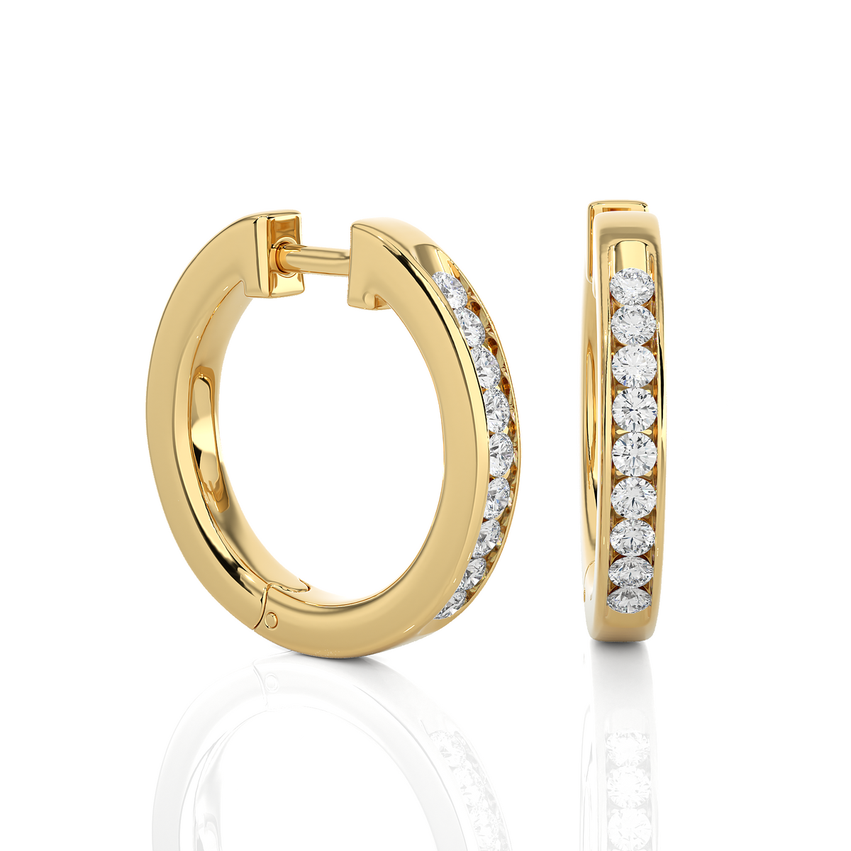 Side profile of 1 carat round moissanite channel set hoop earrings in yellow gold, highlighting the slim, elegant design