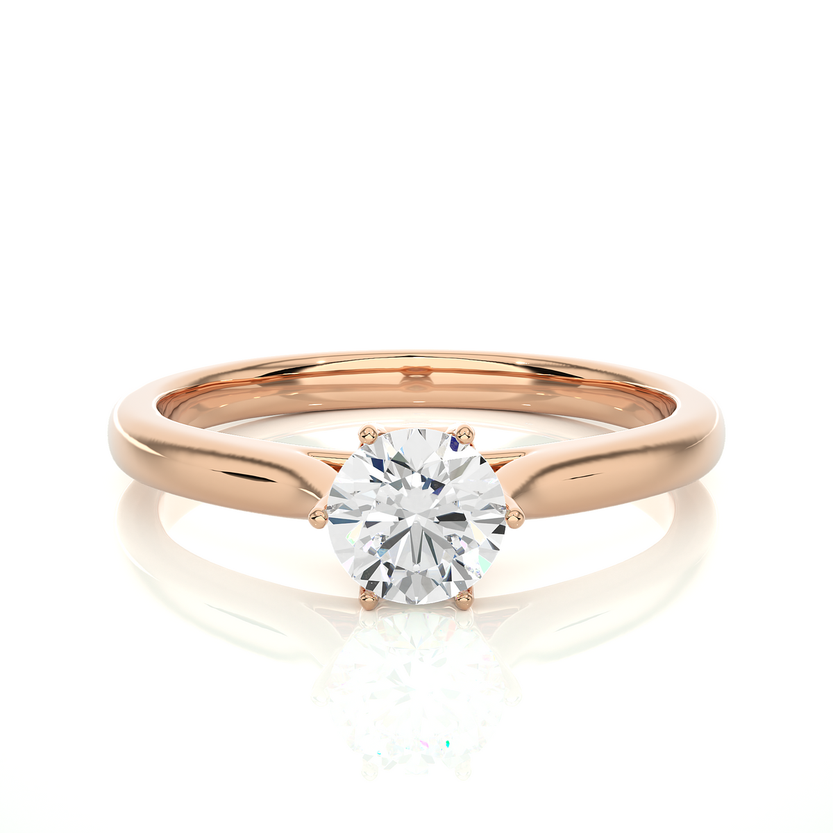 Front view of 1 carat round moissanite solitaire engagement ring in rose gold, highlighting the brilliant center moissanite stone