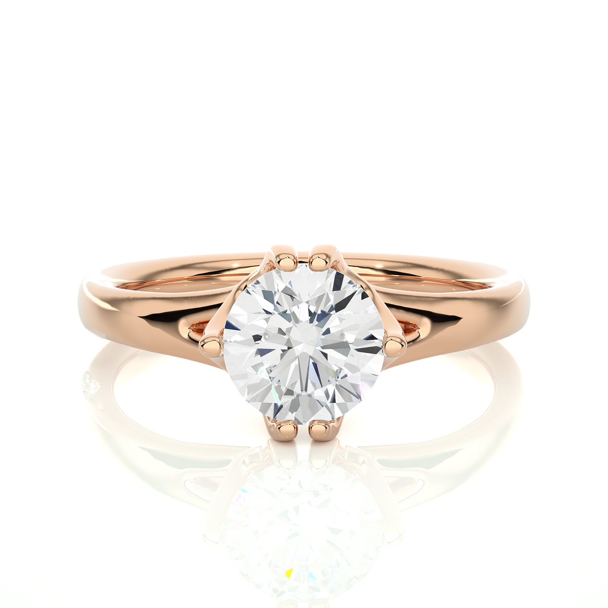 Front view of 1 carat round moissanite split shank solitaire engagement ring in rose gold, highlighting the brilliant center moissanite stone