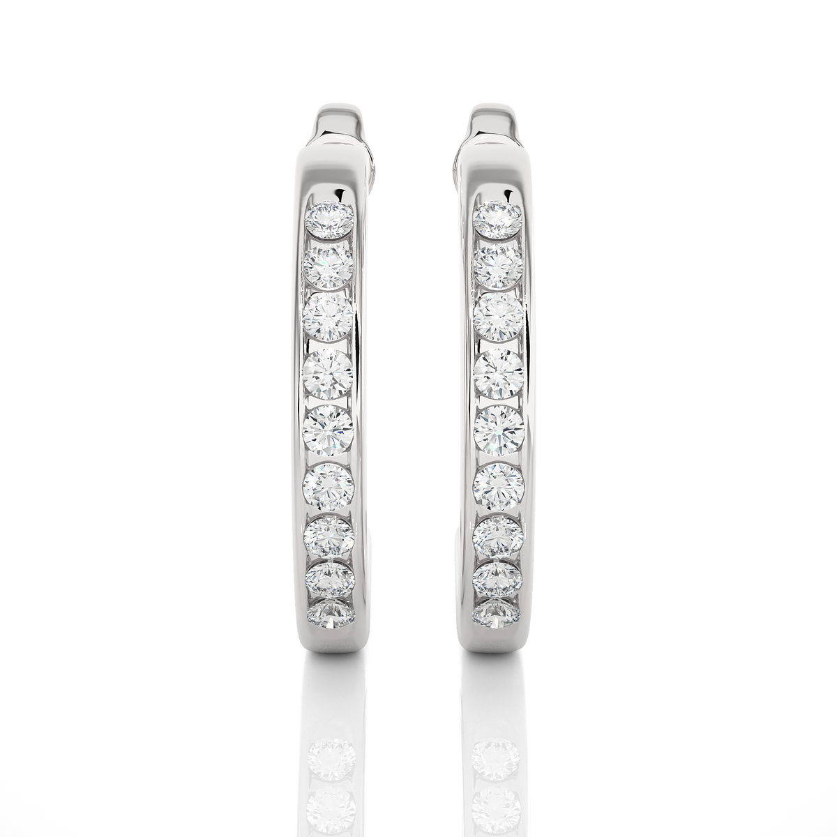 Front view of 1 carat round shape moissanite c hoop earrings in white gold, showing full sparkle from aligned round stones