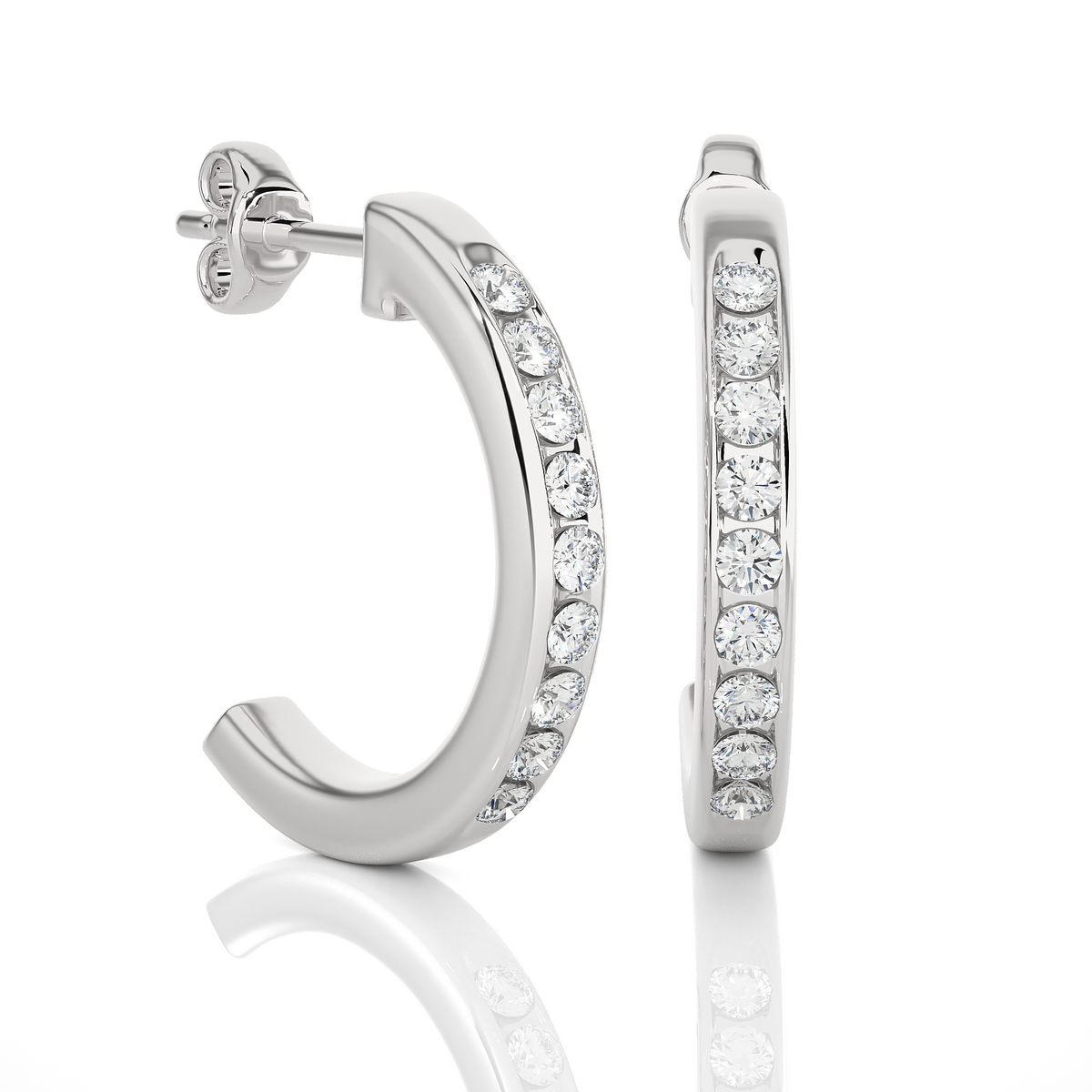 Side view of 1 carat round shape moissanite c hoop earrings in white gold with bend and some stones showing
