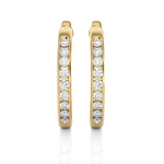 Load image into Gallery viewer, Front view of 1 Carat Round Shape Moissanite C-Hoop Earrings In Yellow Gold, showing full sparkle from aligned round stones.