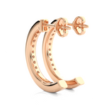 Load image into Gallery viewer, angled view of 1 Carat Round Shape Moissanite C Hoop Earrings In Rose Gold, with bright sparkle in channel setting.