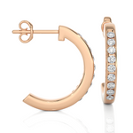 Load image into Gallery viewer, side view of 1 Carat Round Shape Moissanite C Hoop Earrings In Rose Gold with bend and some stones showing.