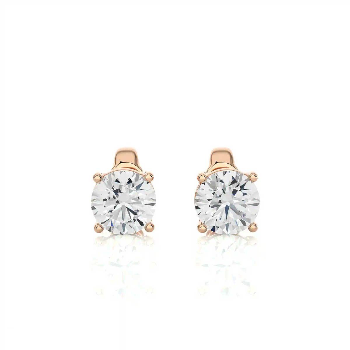 Front view of 1 ct basket set moissanite stud earrings in rose gold, with classic four prong setting