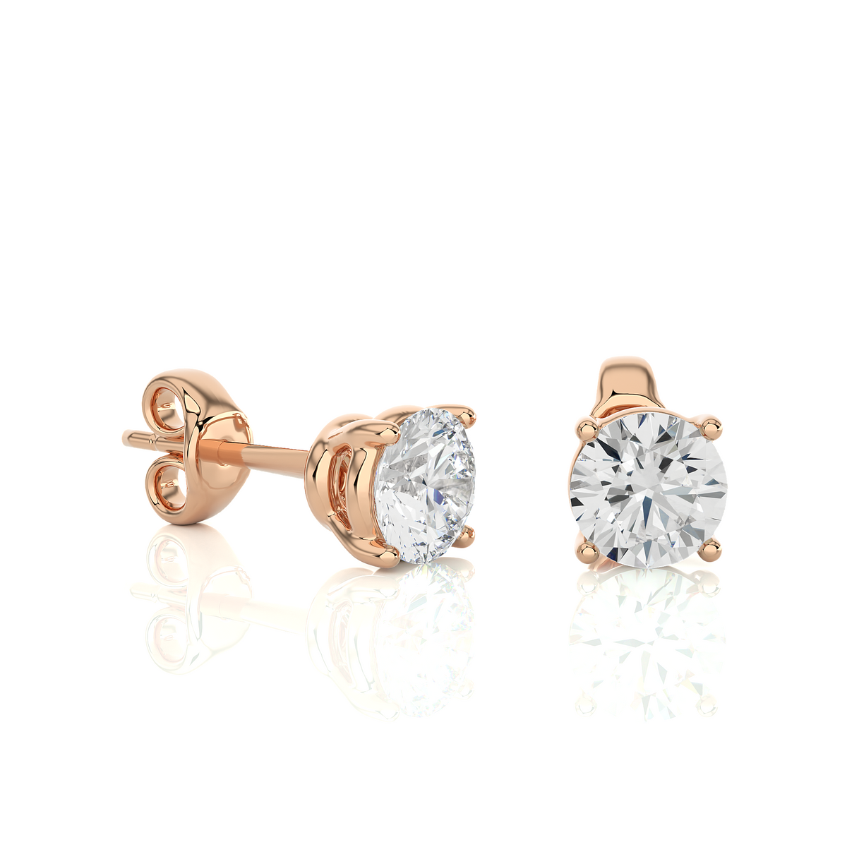 Side view of 1 ct basket set moissanite stud earrings in rose gold, highlighting prong height and earring profile