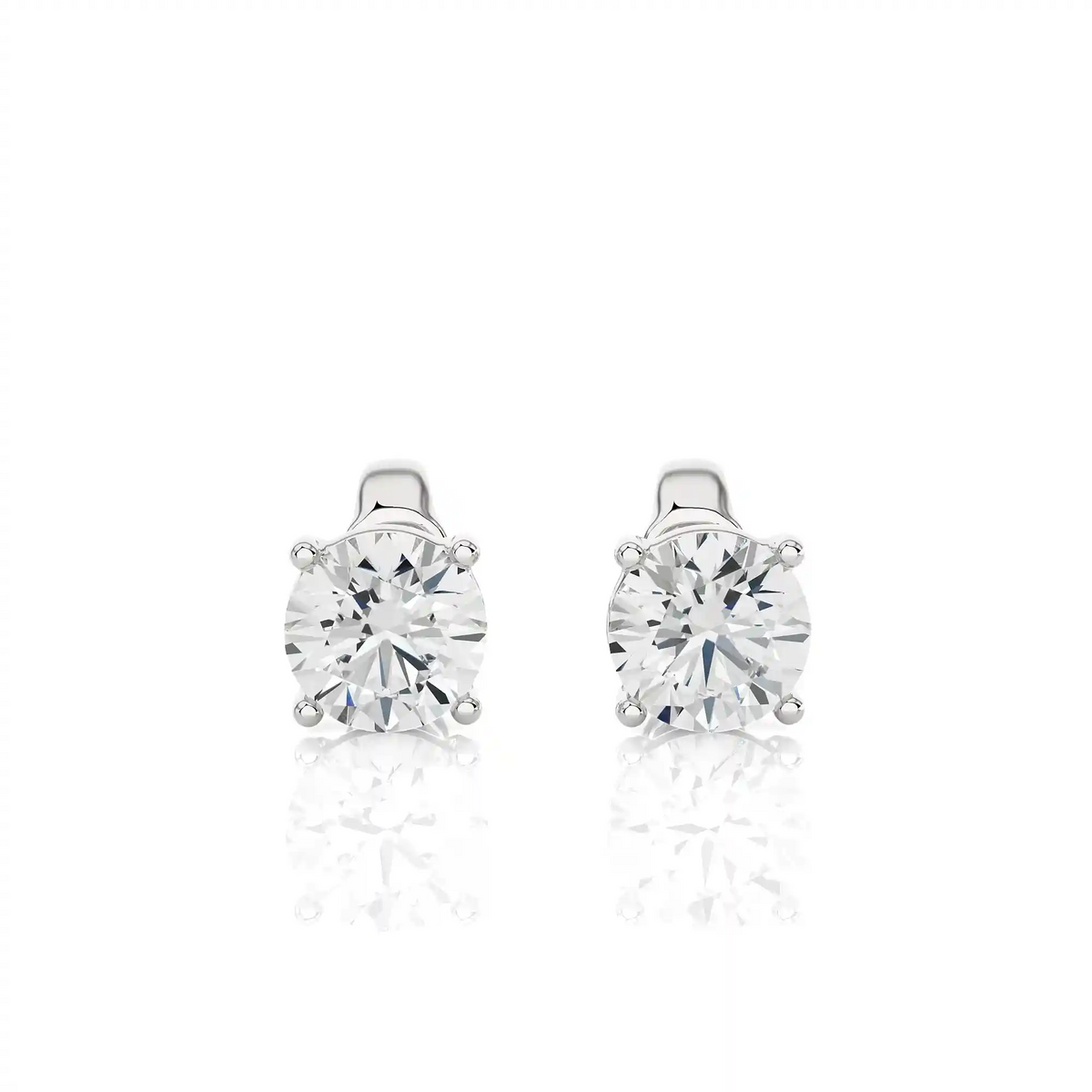 Front view of 1 ct basket set moissanite stud earrings in white gold, with classic four prong setting