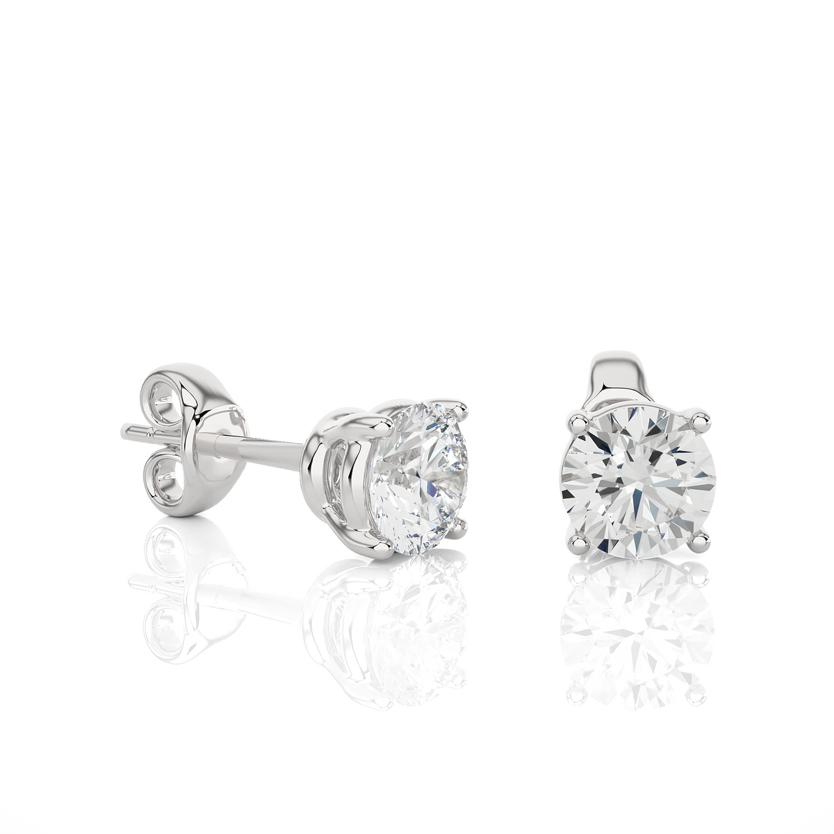 Side view of 1 ct basket set moissanite stud earrings in white gold, highlighting prong height and earring profile