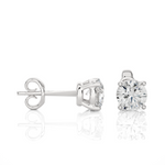 Load image into Gallery viewer, Side view of 1 Ct Basket Set Moissanite Stud Earrings In White Gold, highlighting prong height and earring profile.