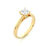 Load image into Gallery viewer, Angled view of 1 Ct Princess Moissanite Solitaire Engagement Ring In Yellow Gold, showcasing the band and setting.