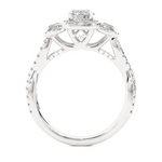 Load image into Gallery viewer, Side profile of 2.50 Ct Round Moissanite Three Stone Halo Engagement Ring In Silver, highlighting the brilliant center moissanite stone., highlighting the prong setting.