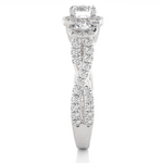 Load image into Gallery viewer, Side profile of 2.50 Ct Round Moissanite Three Stone Halo Engagement Ring In Silver, highlighting the brilliant center moissanite stone., highlighting the prong setting.