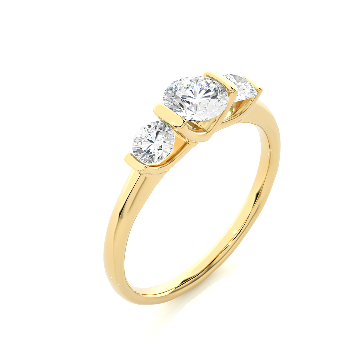 Angled view of 2 carat round cut moissanite three stone engagement ring in yellow gold, showcasing the band and setting