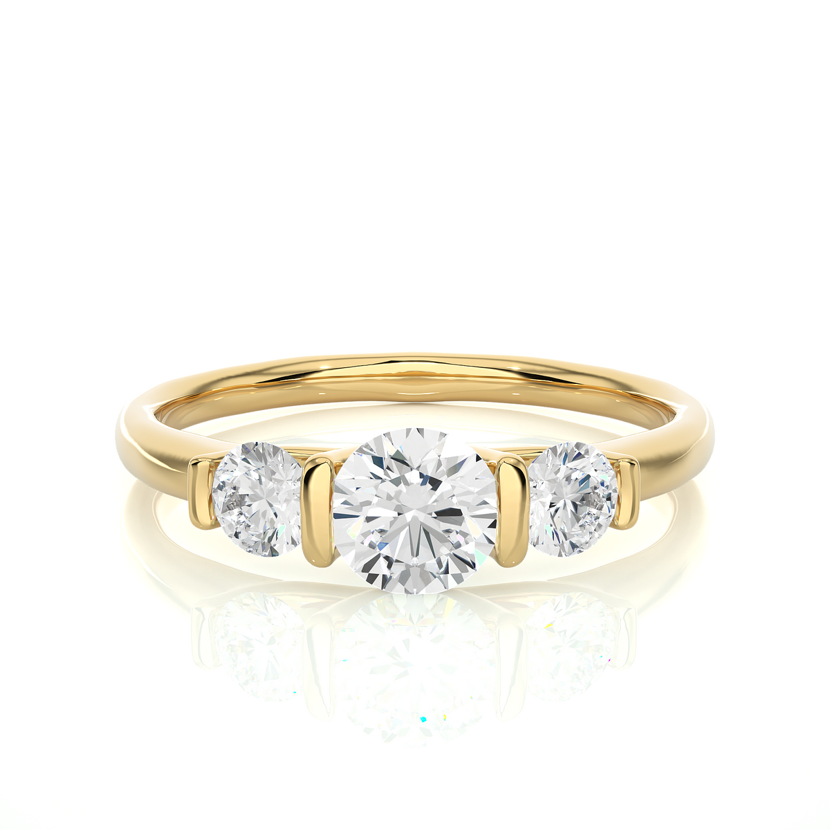Front view of 2 carat round cut moissanite three stone engagement ring in yellow gold, highlighting the brilliant center moissanite stone