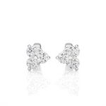 Load image into Gallery viewer, Front view of 2 Carat Round Cut Moissanite Three Stone Stud Earrings In Silver, showing full sparkle.