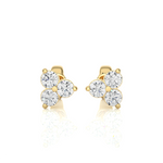 Load image into Gallery viewer, Front view of 2 Carat Round Cut Moissanite Three Stone Stud Earrings In Yellow Gold, showing full sparkle.