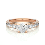 Load image into Gallery viewer, Front view of 2 Ct Bridge Set Moissanite Engagement Ring With Accent In Rose Gold, highlighting the brilliant center moissanite stone.