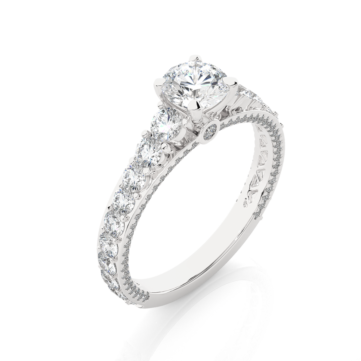 Angled view of 2 ct bridge set moissanite engagement ring with accent in white gold, showcasing the band and setting
