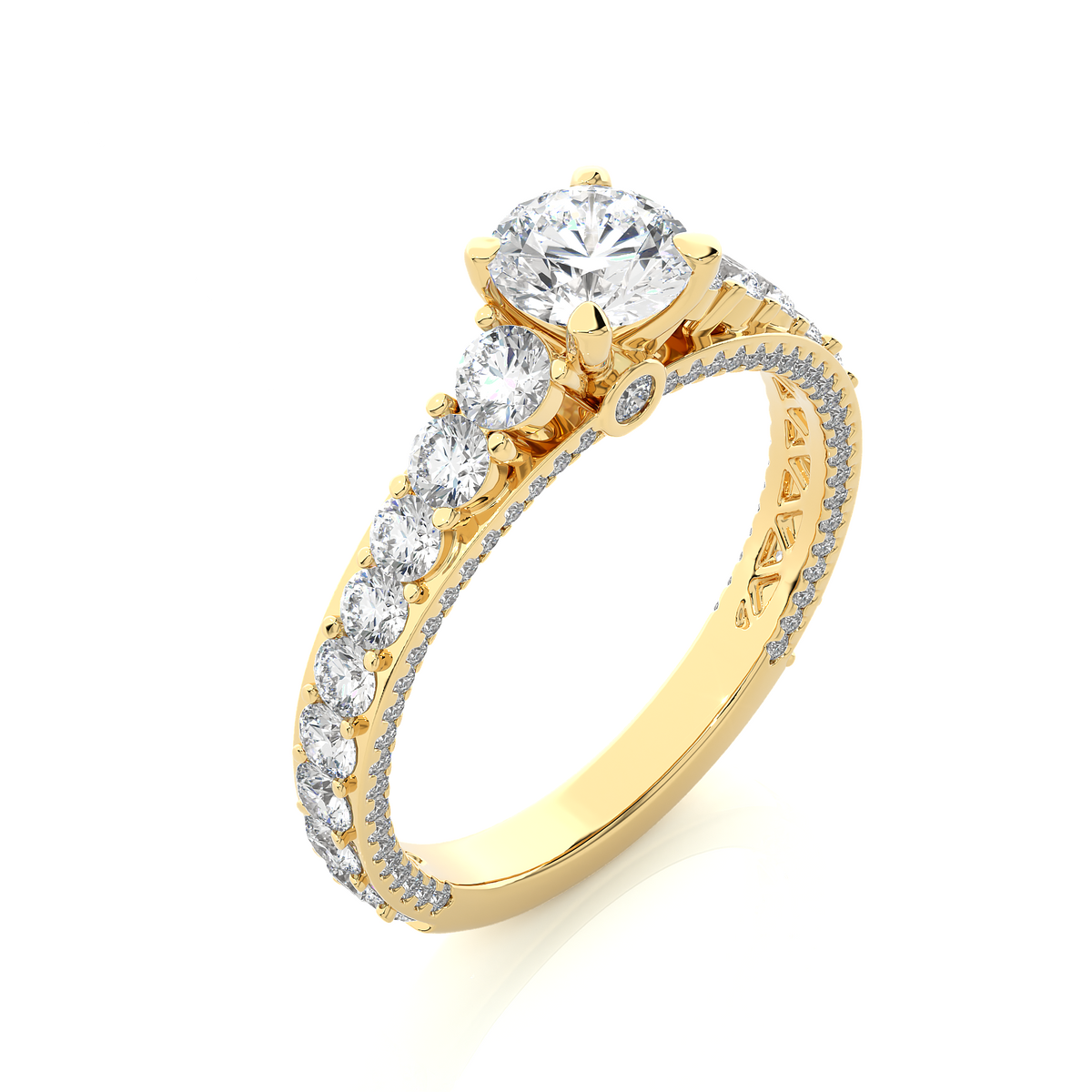 Angled view of 2 ct bridge set moissanite engagement ring with accent in yellow gold, showcasing the band and setting