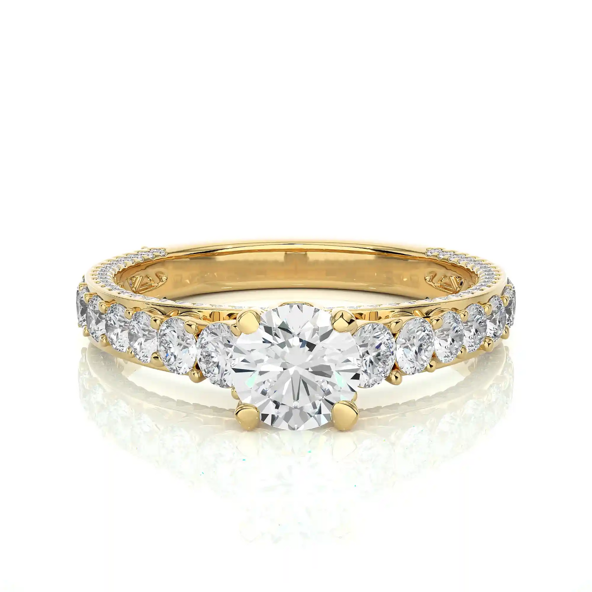 Front view of 2 ct bridge set moissanite engagement ring with accent in yellow gold, highlighting the brilliant center moissanite stone