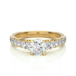 Load image into Gallery viewer, Front view of 2 Ct Bridge Set Moissanite Engagement Ring With Accent In Yellow Gold, highlighting the brilliant center moissanite stone.
