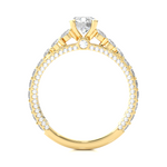 Load image into Gallery viewer, Side profile of 2 Ct Bridge Set Moissanite Engagement Ring With Accent In Yellow Gold, highlighting the prong setting.