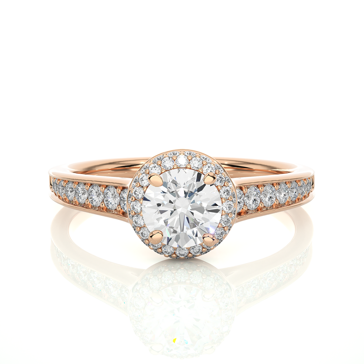 Front view of 2 ct round cut moissanite halo engagement ring in rose gold, highlighting the brilliant center moissanite stone
