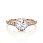 Load image into Gallery viewer, Front view of 2 Ct Round Cut Moissanite Halo Engagement Ring In Rose Gold, highlighting the brilliant center Moissanite stone.
