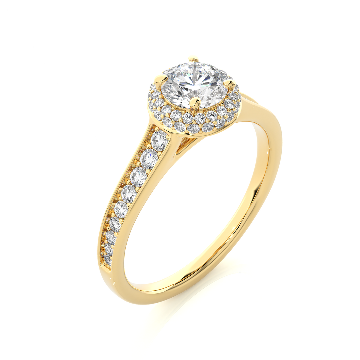 Angled view of 2 ct round cut moissanite halo engagement ring in yellow gold, showcasing the band and setting