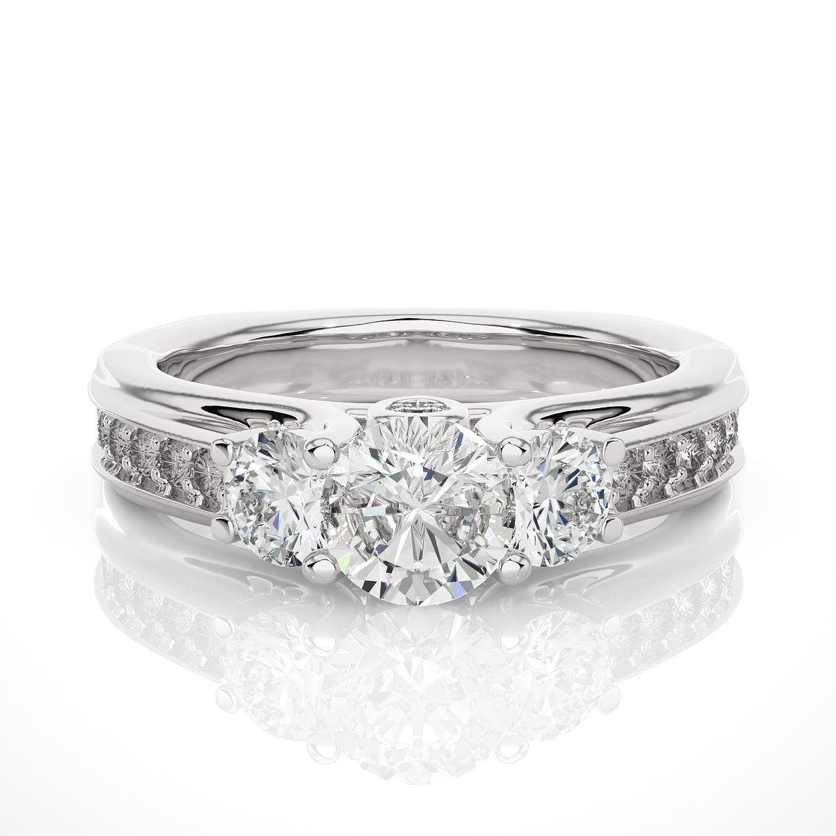 2 ct round moissanite three stone engagement ring in yellow gold