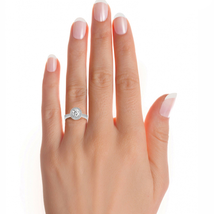 Double halo with bead bright setting moissanite ring white gold
