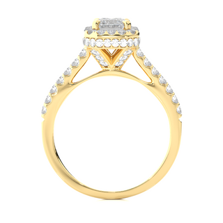 1.5ct Emerald With Double Halo Moissanite Engagement Ring in Yellow Gold