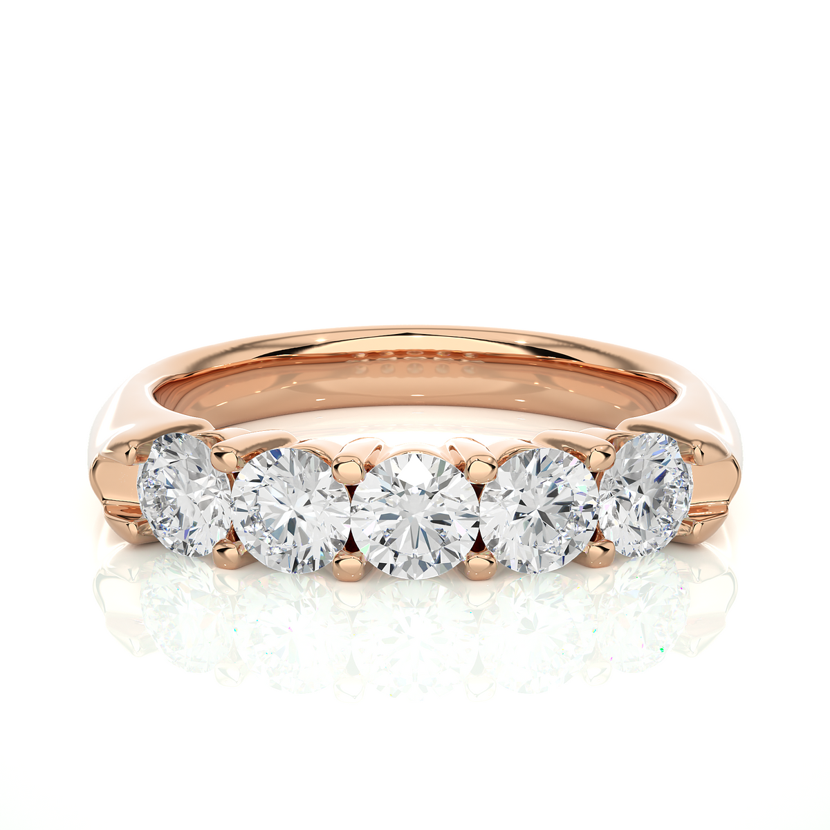 1 carat shared prong five stone moissanite ring in rose gold