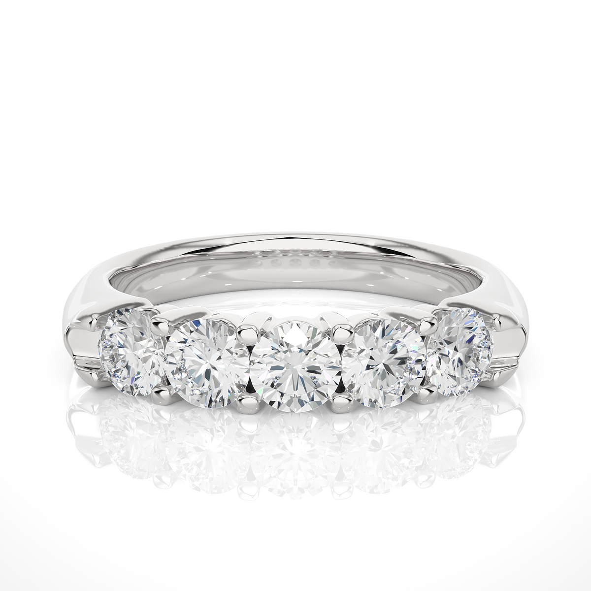 1 carat shared prong five stone moissanite ring in white gold