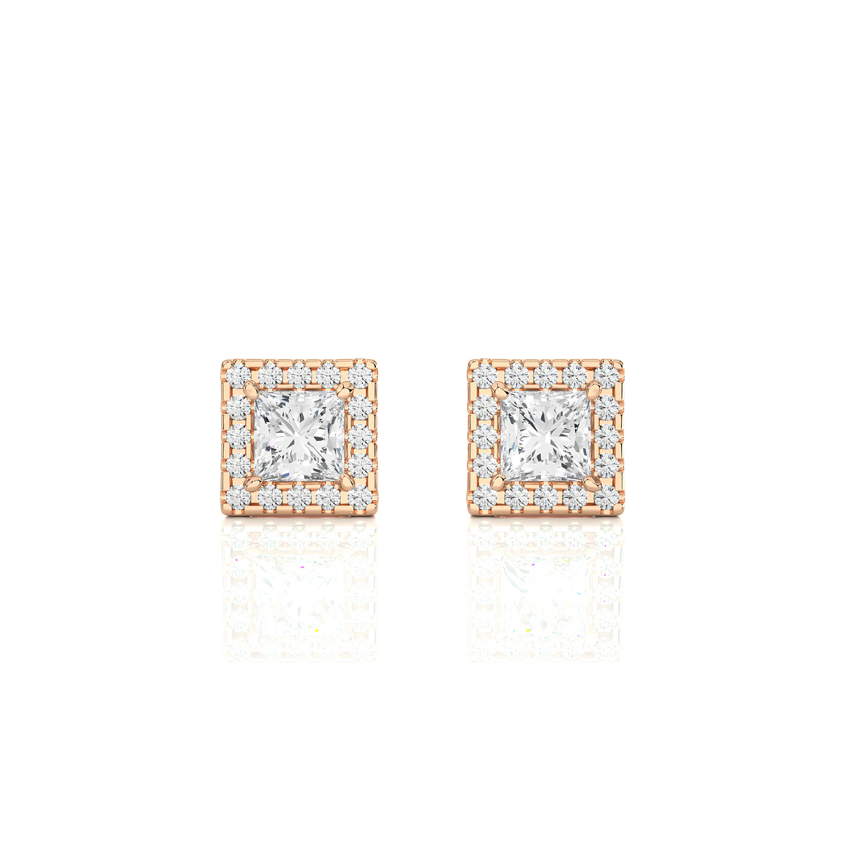 Halo princess cut moissanite earrings rose gold