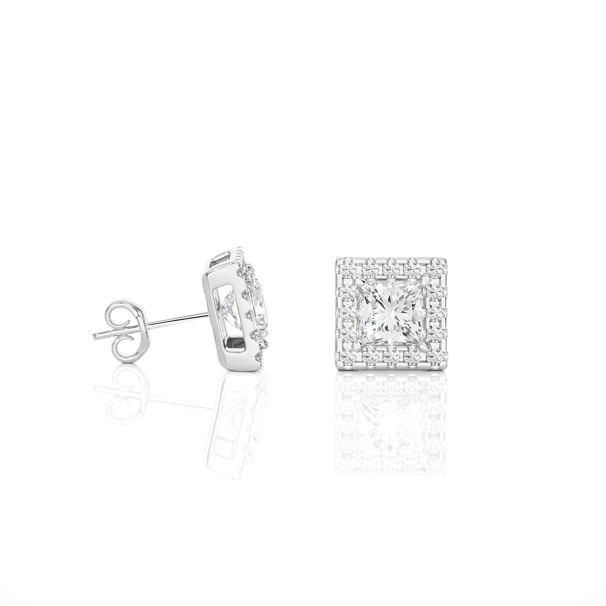 2 ct princess cut moissanite halo stud earrings in white gold