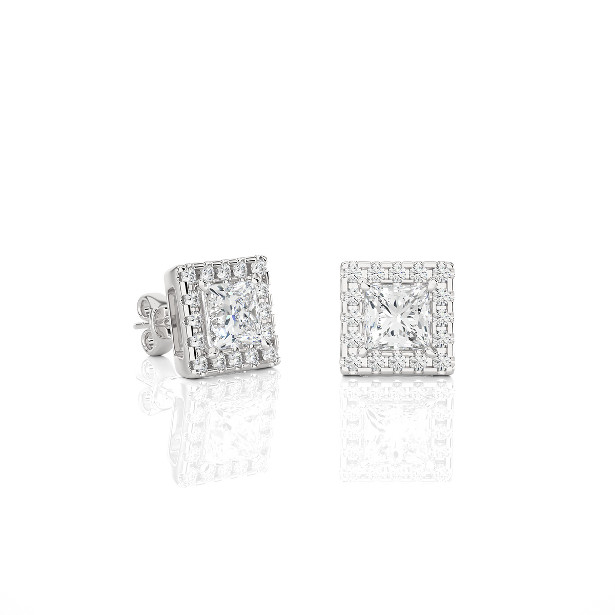 2 ct princess cut moissanite halo stud earrings in white gold