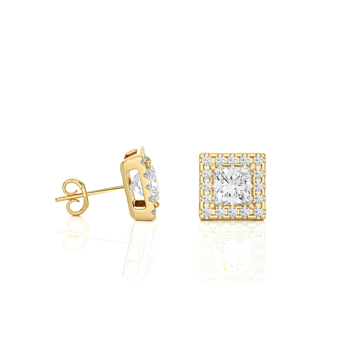 2 ct princess cut moissanite halo stud earrings in yellow gold