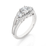 Load image into Gallery viewer, Halo Three Stone Split Shank Moissanite Ring white gold