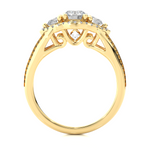 Load image into Gallery viewer, Halo Three Stone Split Shank Moissanite Ring yellow gold