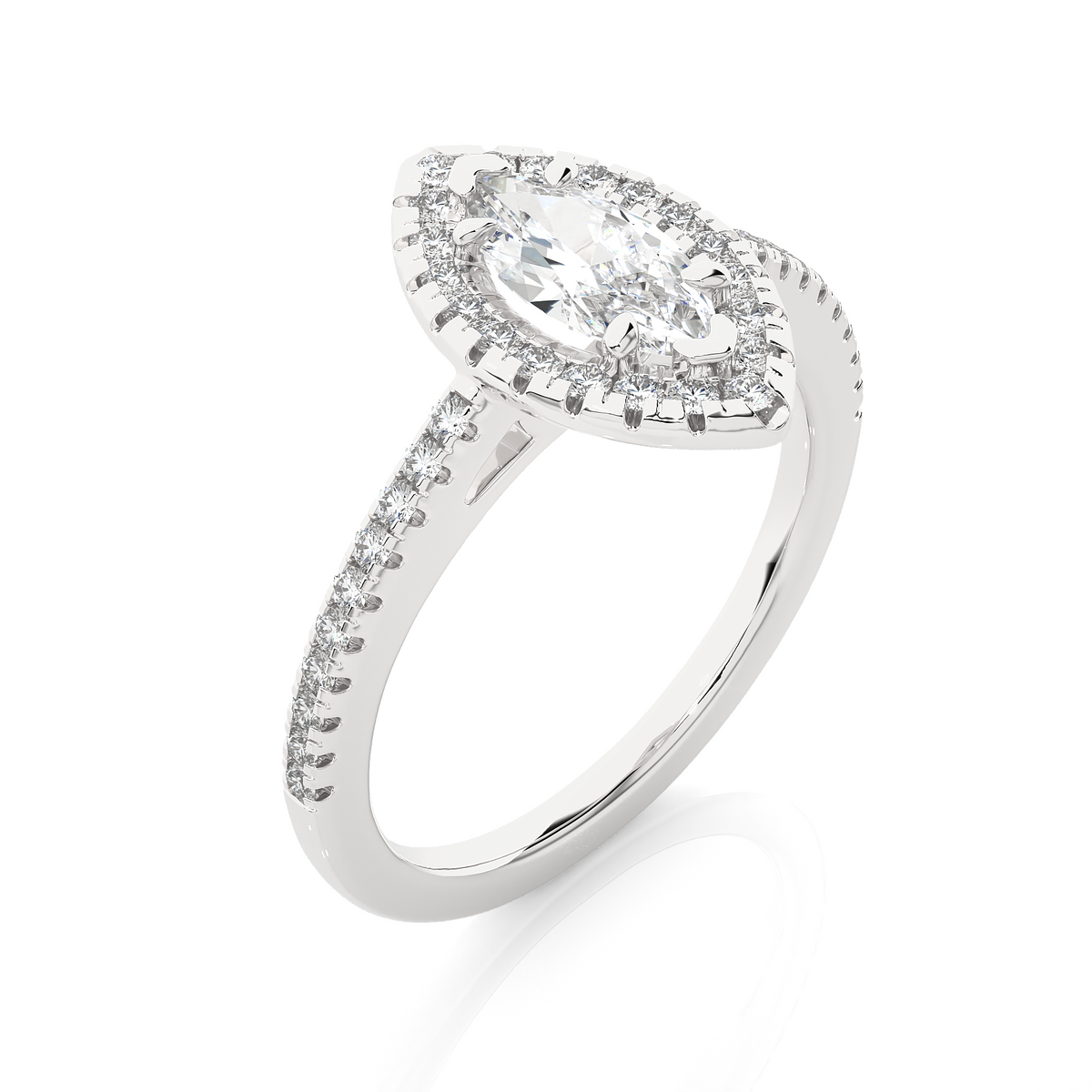 Marquise halo with frech v split moissanite ring white gold