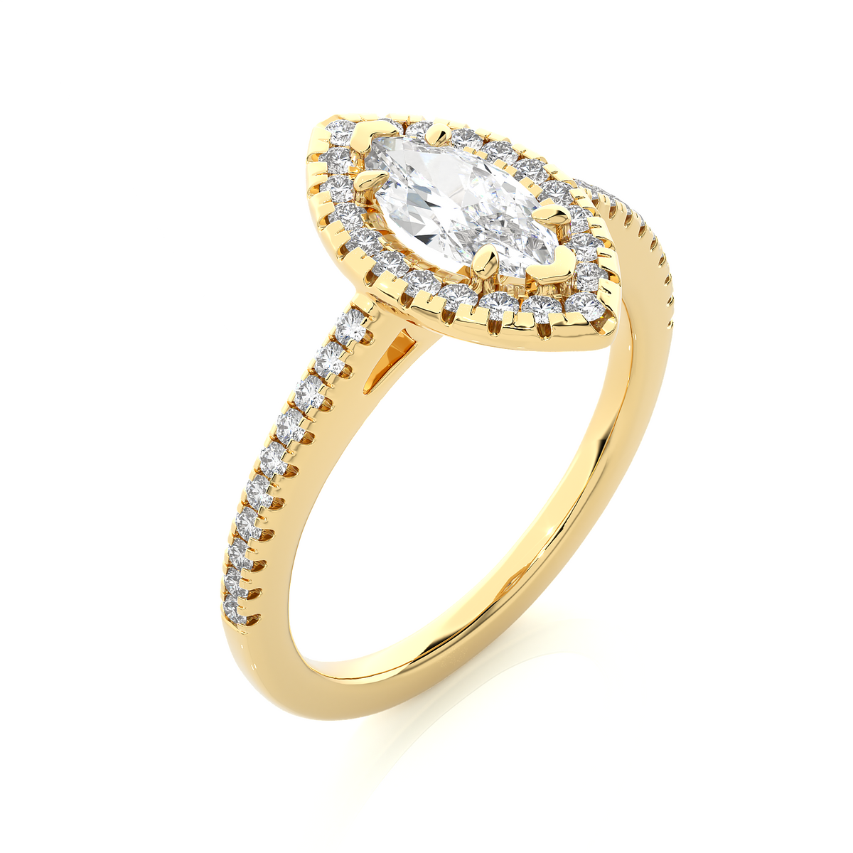 Marquise halo with frech v split moissanite ring yellow gold