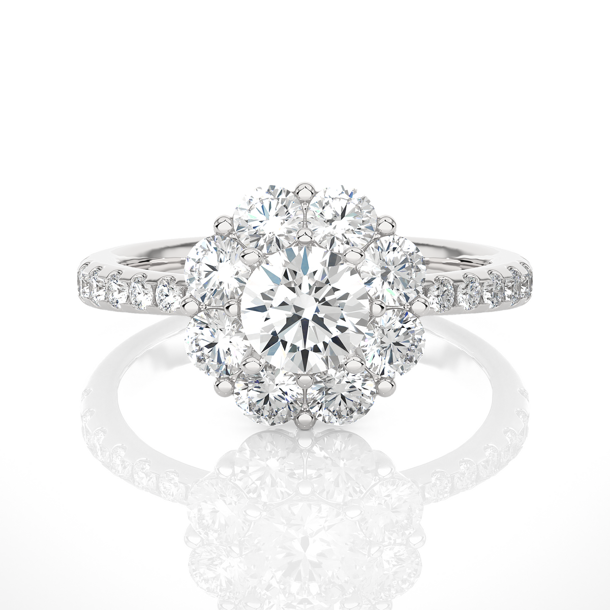 2 carat round moissanite halo pinched shank ring in white gold