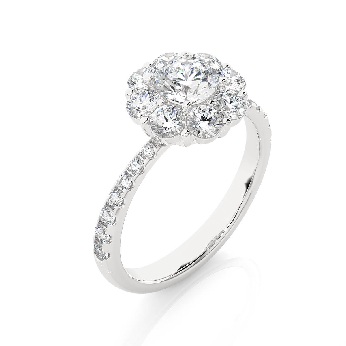 Pinched shank flower design moissnaite ring white gold